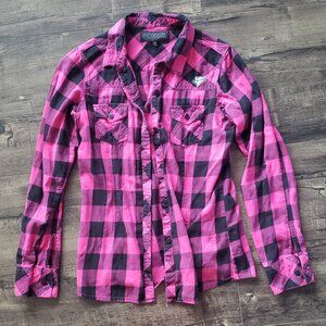 Fox Racing Girls Hot Pink and Black Plaid Button Down Shirt. Size M. Y2K 2000s.